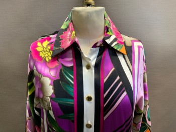 CACHE, Purple, Ivory White, Black, Fuchsia Pink, Gray, Silk, Floral, Stripes - Diagonal , Gold Button Front, Collar Attached, Bold Print, Able to Wear Cuffs Down or French Cuff