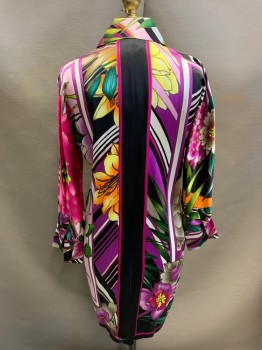 Womens, Dress, Long & 3/4 Sleeve, CACHE, Purple, Ivory White, Black, Fuchsia Pink, Gray, Silk, Floral, Stripes - Diagonal , B34, XS, Gold Button Front, Collar Attached, Bold Print, Able to Wear Cuffs Down or French Cuff