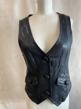 Womens, Leather Vest, N/L, Black, Leather, Solid, B 30, 3 Self Covered Buttons, 2 Flap Pockets