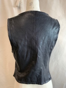 Womens, Leather Vest, N/L, Black, Leather, Solid, B 30, 3 Self Covered Buttons, 2 Flap Pockets