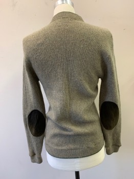 Mens, Sweater, MR SWEATER, Taupe, Olive Green, Wool, Heathered, M, Zip Front, Crew Neck, Cardigan, with Olive Trim, Dk Brown Suede Elbow Patches