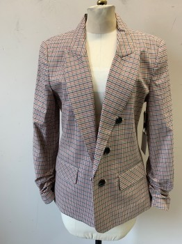 Womens, Blazer, STATE, Tan Brown, Brown, Navy Blue, Rust Orange, Cotton, Spandex, Check , M, Double Breasted, No Closure, Peaked Lapel, 2 Flap Pocket, Pleated Bunching on Sleeves at Forearms