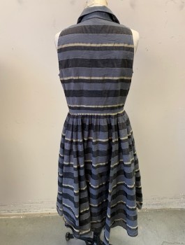 JONES NEW YORK, Gray, Taupe, Charcoal Gray, Cotton, Nylon, Stripes - Horizontal , Shirtwaist with Button Front, Collar Attached, Full Skirt Gathered at Waist, Princess Seams, Retro