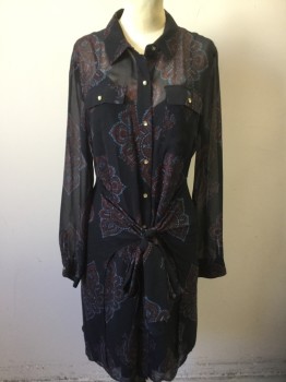 RACHEL ROY, Aubergine Purple, Red, Blue, Polyester, Paisley/Swirls, Medallion Pattern, 2 Pieces, Navy Slip, Gold Button Front, Collar Attached, 2 Faux Pockets, Odd Extra Fabric That Covers the Butt and Ties in the Front