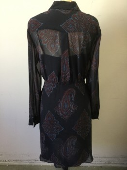 RACHEL ROY, Aubergine Purple, Red, Blue, Polyester, Paisley/Swirls, Medallion Pattern, 2 Pieces, Navy Slip, Gold Button Front, Collar Attached, 2 Faux Pockets, Odd Extra Fabric That Covers the Butt and Ties in the Front