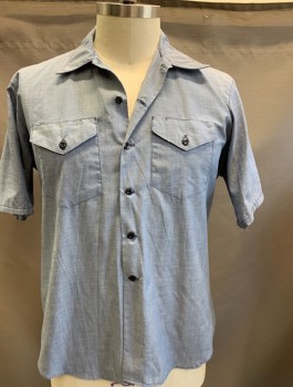 BIG SMITH, Blue, Cotton, Solid, Blue Top Stitching  with Blue Buttons Stain on CB of Shirt Yellow Stain