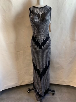 Womens, Evening Gown, BANJUL, Black, Silver, Synthetic, Solid, S, Round Neck,  Sleeveless, Sheer Mesh, Silver Studs & Rhinstone Detail, Zip Back