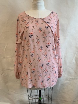 WORTHINGTON, Lt Pink, Multi-color, Polyester, Floral, Round Neck, L/S, Ruffle Layers at Bust, Keyhole Back, Coral Flowers, Blue and Green Stems
