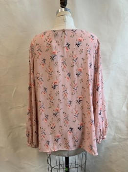 WORTHINGTON, Lt Pink, Multi-color, Polyester, Floral, Round Neck, L/S, Ruffle Layers at Bust, Keyhole Back, Coral Flowers, Blue and Green Stems