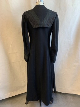 Womens, Coat 1890s-1910s, MTO, Black, Wool, Solid, W:26, B:34, Sailor Collar, 3 Large Buttons Down Front, 2 Pockets, *Collar Silk Is Shattering, Sun Damaged Shoulders, Moth Holes All Around