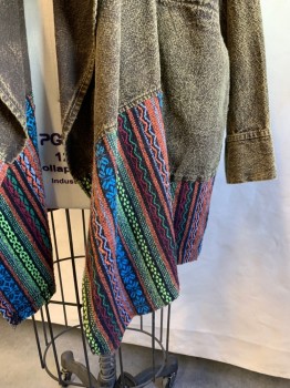 Womens, Casual Jacket, MUZER, Ochre Brown-Yellow, Black, Multi-color, Cotton, Color Blocking, L, Stone Wash Denim, Oversized Shawl Collar, Open Front, Welt Pocket, Long Sleeves, Multicolor Woven Varied Stripe Hem Panel