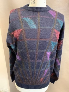 Mens, Sweater, ANGELO LITRICO, Navy Blue, Purple, Teal Blue, Maroon Red, Brown, Wool, Acrylic, Grid , XL, C N, L/S Pullover, Perspective Grid,