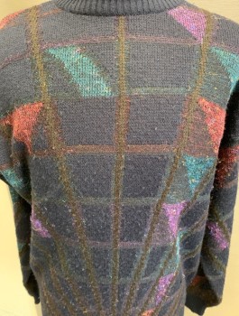 Mens, Sweater, ANGELO LITRICO, Navy Blue, Purple, Teal Blue, Maroon Red, Brown, Wool, Acrylic, Grid , XL, C N, L/S Pullover, Perspective Grid,