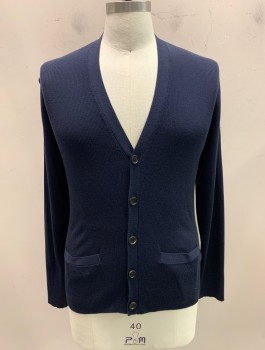 RALPH LAUREN, Navy Blue, Wool, V-N, Single Breasted, Button Front, L/S