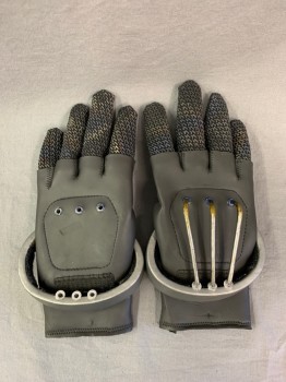 MTO, Black, Synthetic, Metallic Textured Fingers, Solid From Knuckles to Wrist, Removable Silver Cuffs, Silver Rubber Tubes From Cuffs to Grommets on One Glove Only