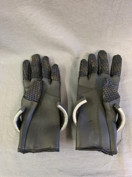 Unisex, Sci-Fi/Fantasy Gloves, MTO, Black, Synthetic, Metallic Textured Fingers, Solid From Knuckles to Wrist, Removable Silver Cuffs, Silver Rubber Tubes From Cuffs to Grommets on One Glove Only