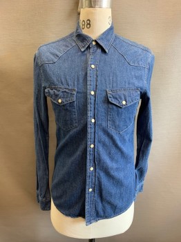 Mens, Western, & SHIRT, Denim Blue, Cotton, S, Collar Attached, Snap Front, Beige Stitching, 2 Pockets with Flap & Snap Button