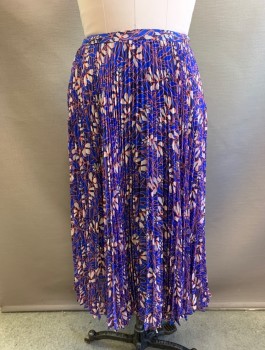 KAREN MILLEN, Royal Blue, Coral Orange, Navy Blue, Off White, Polyester, Floral, Chemically Pleated Chiffon, 1" Wide Self Waistband, Mid Calf Length, Invisible Zipper at Side