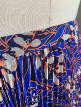 KAREN MILLEN, Royal Blue, Coral Orange, Navy Blue, Off White, Polyester, Floral, Chemically Pleated Chiffon, 1" Wide Self Waistband, Mid Calf Length, Invisible Zipper at Side