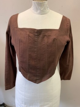 Womens, Historical Fiction Bodice, MTO, Brown, Cotton, Solid, B44, Aged/Distressed,  Missing Some Grommets Center Back, Lightly Boned with Ridgeline, Ridgeline Poking Out in a Couple Places, Lined, Long Sleeves, 1600s