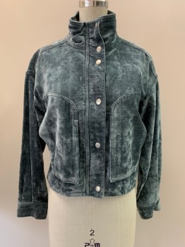 URBAN OUTFITTERS, Steel Blue, Cotton, Viscose, Solid, L/S, Velvet, Collar Attached, Zipper Front With Snap Buttons