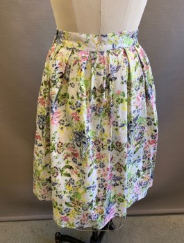 GRACE KARIN, White, Pink, Lime Green, Yellow, Lavender Purple, Cotton, Spandex, Floral, 1.5" Wide Waistband, Pleated, A-Line, 2 Side Pockets, Invisible Zipper