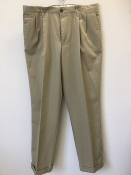 DOCKERS, Khaki Brown, Cotton, Solid, Khaki, 2 Pleat Front, Zip Front, 4 Pockets with Cuffs