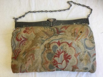 Womens, Purse 1890s-1910s, Tan Brown, Red, Lt Blue, Peach Orange, Cotton, Floral, Aged/Distressed,  Loose Weave, Hinged Embossed Metal Pewter Opening Hardware with Oval Clasp and 14" Chain,