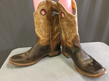 Mens, Cowboy Boots , DELPOS, Brown, Lt Brown, White, Leather, Geometric, 12, Square Toe, Pronounced Outsole and Welt, Traditional Quarter Stitching, Piped, Finger Holes and Pull Straps