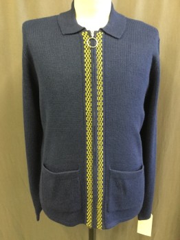 URBAN OUTFITTERS, Navy Blue, Gold, Acrylic, Solid, Check , Zip Front, Collar Attached, Gold & Navy Checker Trim Center Front, 2 Pockets,