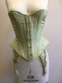 Womens, Corset 1890s-1910s, N/L, Lime Green, Tan Brown, Green, Yellow, Cream, Floral, W 22, CORSET:  Light Lime Green W/lime Green Floral Brocade, Hook Front, Tan Lacing Back, Garter Straps W/green,yellow,cream Flower Embroidery W/lime Green Lace Trim, See Photo Attached,