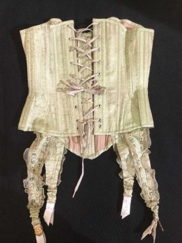 Womens, Corset 1890s-1910s, N/L, Lime Green, Tan Brown, Green, Yellow, Cream, Floral, W 22, CORSET:  Light Lime Green W/lime Green Floral Brocade, Hook Front, Tan Lacing Back, Garter Straps W/green,yellow,cream Flower Embroidery W/lime Green Lace Trim, See Photo Attached,