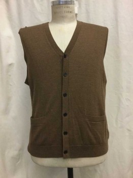 BROOKS BROTHERS, Brown, Wool, Solid, Brown Knit, Button Front,