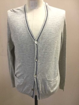 J CREW, Gray, Navy Blue, Cotton, Heathered, Heathered Gray Knit, Navy Accent Stripe at Neck and Button Placket, 5 Buttons, V-neck, 2 Patch Pockets at Hips