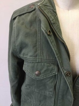 LEVI'S, Olive Green, Cotton, Solid, Snap and Zip Front, 4 Pockets, Interior Drawstring Waist, Epaulets, Army Style