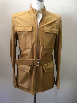 PRADA, Caramel Brown, Leather, Solid, Lovely Soft Unlined Leather, 2 Way Zipper, 4 Flap Pocket, Button Cuffs, Stand Collar, Matching Belt, Belt Loops,