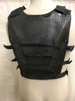 Mens, Vest, NO LABEL, Black, Polyester, Metallic/Metal, O/S, Post Apocalyptic, Layered Metal Plates Front and Back, Buckle Shoulders, Buckles Sides, Aged
