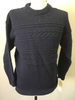 Mens, Sweater 1890s-1910s, BRITISH WOOL, Navy Blue, Wool, M, Long Sleeves, Crew Neck, Pullover, Moss Stitch, Purl Stripes,