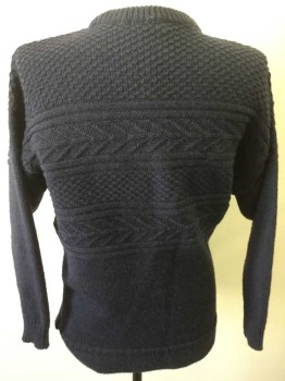 Mens, Sweater 1890s-1910s, BRITISH WOOL, Navy Blue, Wool, M, Long Sleeves, Crew Neck, Pullover, Moss Stitch, Purl Stripes,