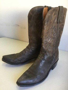 LUCCHESE, Chocolate Brown, Cream, Leather, Solid, Cream Feather Embroidery, Squared Off Toe, Aged