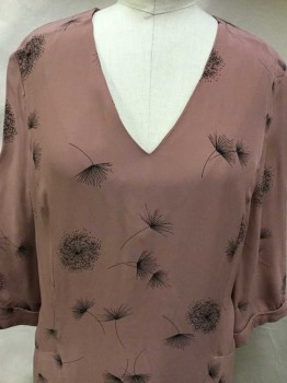SELECTED , Dusty Rose Pink, Black, Polyester, Floral, V-neck, Fold Over 3/4 Sleeves, Key Hole Center Back