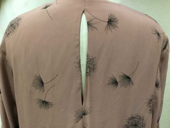 SELECTED , Dusty Rose Pink, Black, Polyester, Floral, V-neck, Fold Over 3/4 Sleeves, Key Hole Center Back