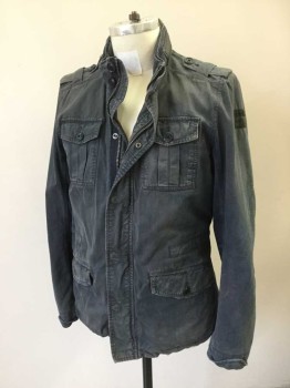 FOX2817, Charcoal Gray, Cotton, Solid, Lightly Aged Jacket. Snap & Zip Front Closure Tabs On Shoulder, Nylon Hood Inside Vinyl Collar, 4 Pockets, with Button Down Flaps at Front