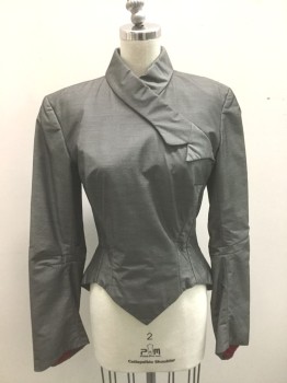 N/L, Pewter Gray, Polyester, Solid, Long Sleeves, Faux Wrapped Closure in Front, with Abstract Lapel Detail, V-shaped Waist, Padded Shoulders, Princess Seams, Invisible Zipper at Center Back, Red Satin Lining, Made To Order