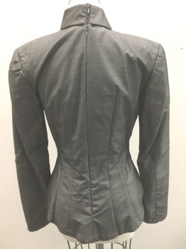 N/L, Pewter Gray, Polyester, Solid, Long Sleeves, Faux Wrapped Closure in Front, with Abstract Lapel Detail, V-shaped Waist, Padded Shoulders, Princess Seams, Invisible Zipper at Center Back, Red Satin Lining, Made To Order