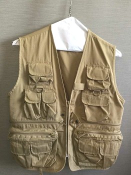 CORONEL TAPIOCA, Tan Brown, Polyester, Cotton, Solid, Fishing Vest, Zip Front, Many Compartments/Pockets