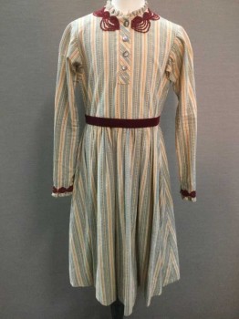Childrens, Dress 1890s-1910s, N/L, Lt Blue, Tan Brown, Red Burgundy, Black, Cotton, Stripes, W 24, B 26, Lt Blue/tan Stripe with Black O's and Burgundy X's Stripes, Burgundy Passementerie at Neck and Cuff, Zip Back, 1/2 Button Front, Ruffle Collar/Cuff, Gathered Skirt, Long Sleeves, Burgundy Velvet Attached Belt, Grey Buttons with White Etched Flowers,