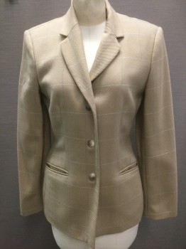 ANN TAYLOR, Gold, White, Wool, Silk, Check , Solid, Three Front Buttons, Two Front Slit Pockets, Solid Gold with White Check Lines