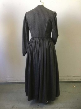 Womens, Dress, Piece 1, 1890s-1910s, NL, Black, Khaki Brown, Wool, Synthetic, Stripes, W32, B42, Mid 1800's Heathered Stripe Wool Blend, Long Sleeves, 10 Black Covered Buttons Center Front Placet, Skirt Gathered to Waist.
