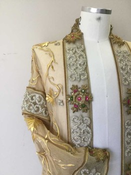 N/L, Gold, Beige, Hot Pink, Green, Polyester, Metallic/Metal, Floral, Ethnic Influenced. Beige Power Mesh with Gold  & Silver Floral Embroidery Embellished with Gold Sequins & Gold Bullion Trim